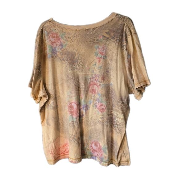XCIT 90s Y2K Beige Floral Embellished V-Neck Short Sleeve Top Womans Size 3X+ - Picture 2 of 5